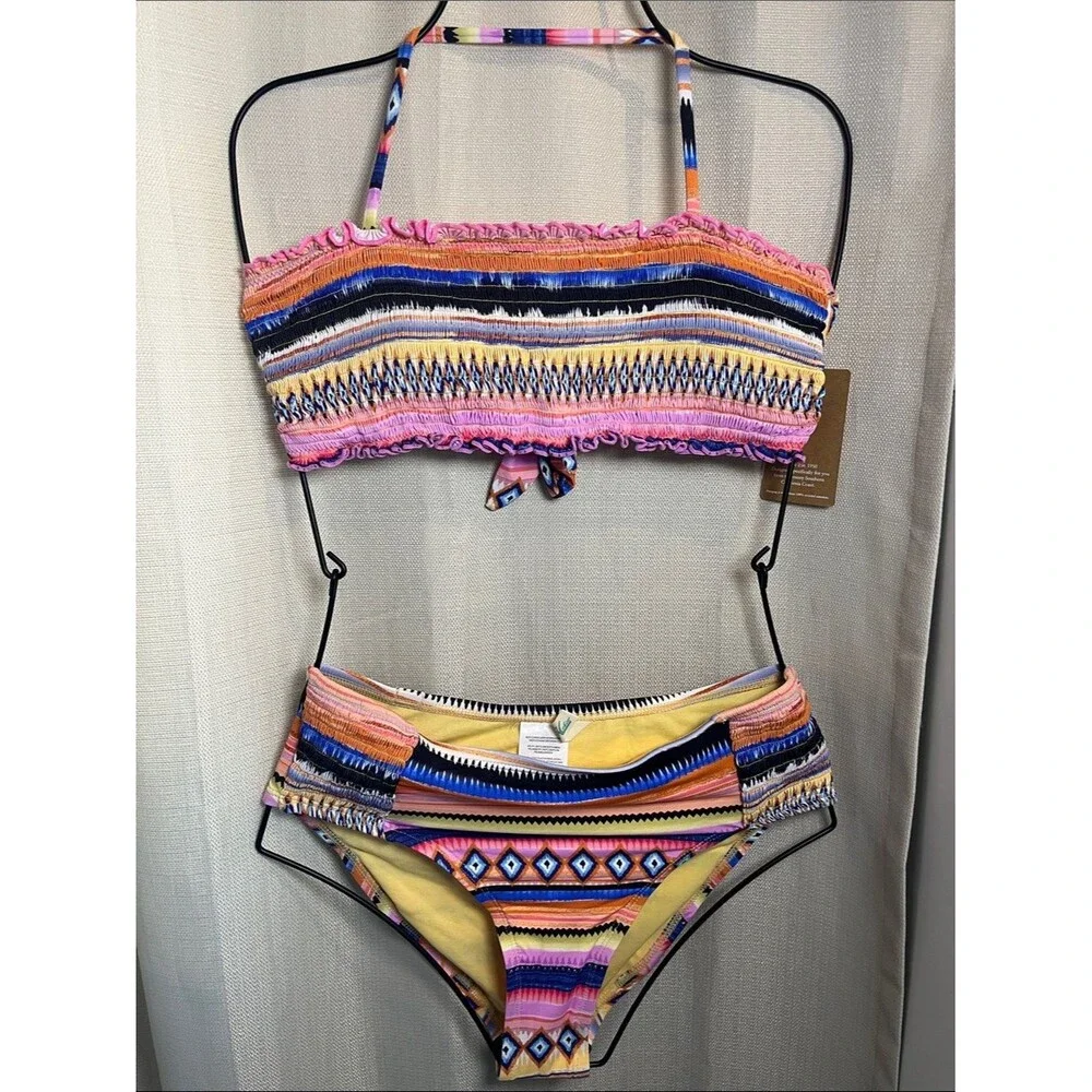 NWT Hobie Girls Two-Piece Swimsuit Set Vibrant Geometric Kids Size 12 & 14
